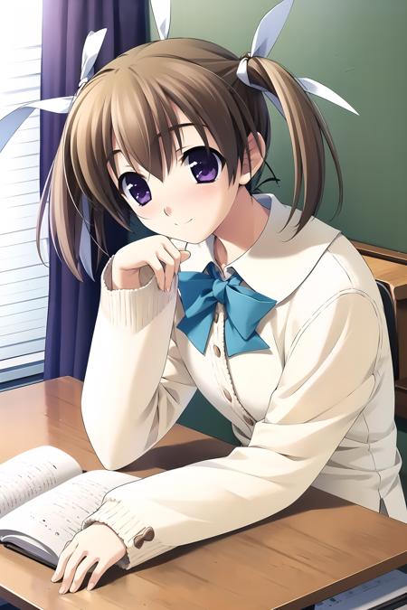 ((masterpiece, high quality, best quality)),
1girl, brown hair, school uniform, purple eyes, ribbon, mechanical pencil, book, twintails, hair ribbon, short hair, head rest, pencil, blush, long sleeves, smile, plaid, desk, eraser, sitting, looking at viewer,
<lora:hashimoto-style_v1.0:1.0>