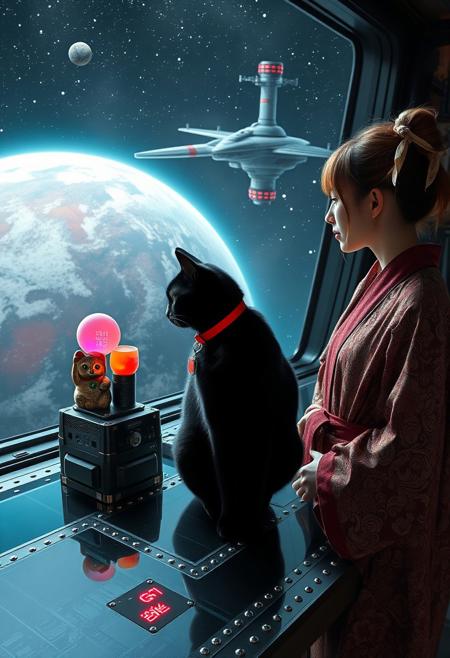 A sleek black cat with red collar sits on a cluttered metal riveted desk with transparent top and rgb led computer components visible inside, On the desk are a maneki neko statue and a lava lamp, the Black Cat is looking out of a seamless and futuristic floor to ceiling window that looks out at a planet from low orbit, (((a beautiful woman, 24 years old, is standing next to the cat looking out the window, the woman is dressed in an ornate Japanese style bath robe. An enormous deco-cyberpunk starship with futuristic lighting and an enormous space station are visible in the background among the stars, The woman's hair is messy from just waking up and tied up with a ribbon. Artistic cyberpunk, dynamic perspective, (((overall architectural aesthetic is Art Deco Cyberpunk))).  Epic image that elicits a feeling of wonder and awe,