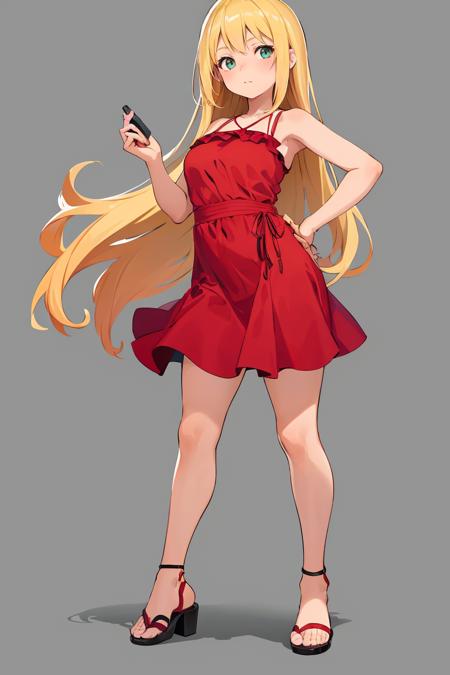 (best quality, masterpiece1.2), 1girl, looking at viewer, full body, standing, curvy, red dress, blonde, sandal, simple background, <lora:Squeezer:1>