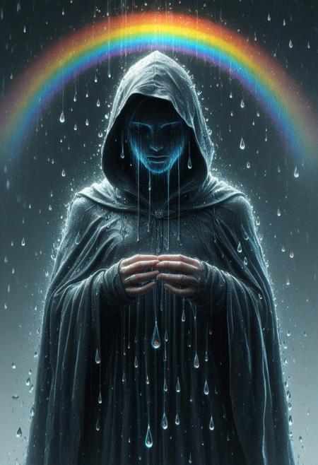 tearStyle2, digital art, {prompt}, inspired by Aleksi Briclot, Artstation contest winner, digital art, cloaked, hooded figure made out of small water droplets, rainbow refraction, robed Smooth_Quality,