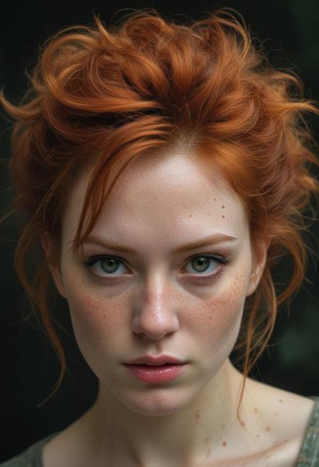 full head and body with feet, Over the shoulder portrait of a seductive dressed ginger-haired girl with wild hair and many freckles, An expressionist ultra-realistic  intense, soulful, emotional, depth and intensity,  subsurface scattering, ultra hd, 4k, high def, Photo-realistic, Hyper-realistic, Hyper detailed, analog style, realistic, masterpiece, best quality, ultra realistic, 8k, Intricate, High Detail, film photography, soft lighting, heavy shadow Tom Bagshaw, Casey Baugh, and Helene Beland, in the style of Eric Canete, Alan Lee and Todd McFarlane, in the style of realism, emotional and dramatic scenes, Style of Kriengin, Brandon Wolfel, sharp focus, style of Jay Anacleto, Esao Andrews, photo-realism,(2\3 rule composition:0.5), Mysterious, easynegative, negative_hand, perfecteyes, green eyes,