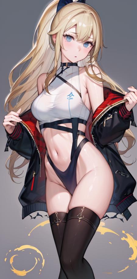 midriff, smooth skin, best quality, masterpiece, perfect face, perfect anatomy, 1girl, highleg swimsuit, thighhighs, <lora:qiandaiyiyu-03:1.0>, qiandaiyiyu, blonde hair, blue eyes, ponytail,