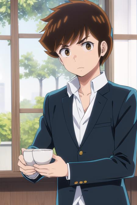 atarumoroboshi, <lora:ataru moroboshi s1-lora-nochekaiser:1>,
ataru moroboshi, brown hair, male focus, (brown eyes:1.5),
BREAK shirt, school uniform, white shirt, collared shirt, pants, black pants, sneakers, gakuran,
BREAK indoors, classroom,
BREAK looking at viewer, (cowboy shot:1.5),
BREAK <lyco:GoodHands-beta2:1>, (masterpiece:1.2), best quality, high resolution, unity 8k wallpaper, (illustration:0.8), (beautiful detailed eyes:1.6), extremely detailed face, perfect lighting, extremely detailed CG, (perfect hands, perfect anatomy),