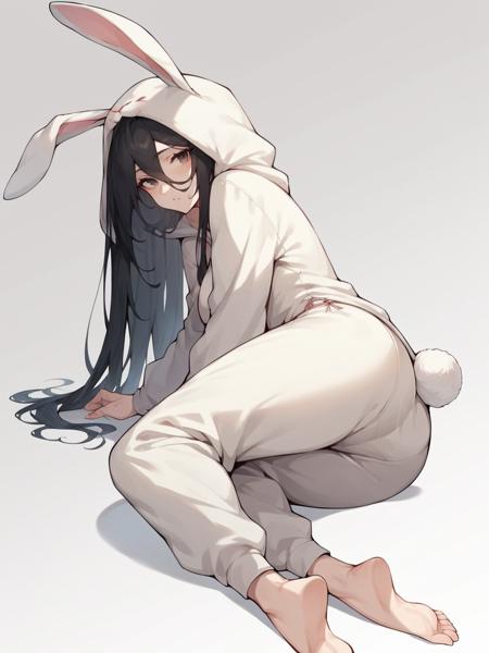  rabbit onesie, rabbit costume, rabbit ears, hood, barefoot, animal costume, pajamas, solo,