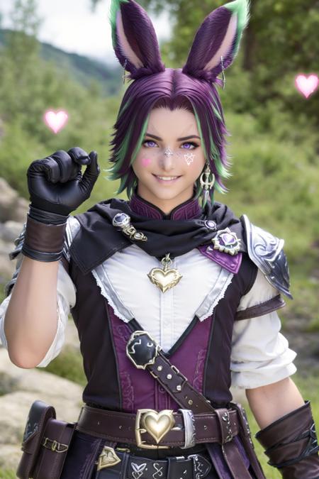 Khitli Viera,  solo,  looking at viewer,  smile,  short hair,  violet hair,  gloves,  1boy,  animal ears,  heterochromia,  green eyes,  jewelry,  purple eyes,  weapon,  male focus,  heart,  earrings,  outdoors,  green hair,  black gloves,  belt,  hand up,  rabbit ears,  blurry background,  facial mark,  floating hearts,  viera, <lora:EMS-44604-EMS:0.600000>