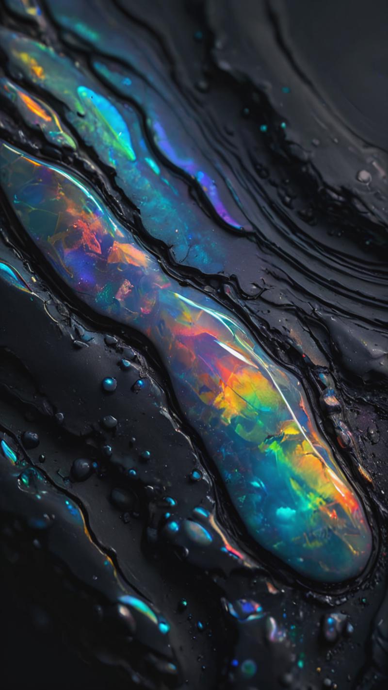 A close-up of a black and colorful iridescent surface.