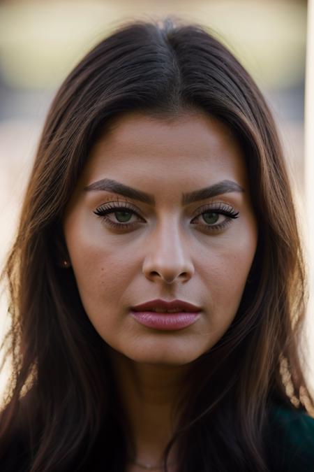 Realistic photo of a beautiful s0ph14l-v2 woman,1girl, solo, long hair, looking at viewer, brown hair, closed mouth, green eyes, blurry, lips, grey eyes, blurry background, portrait, realistic, soft lighting, professional Photography, Photorealistic, detailed, RAW, analog, sharp focus, 8k, HD, DSLR, high quality, Fujifilm XT3, film grain, award winning, masterpiece<lora:s0ph14l-v2:1.0>