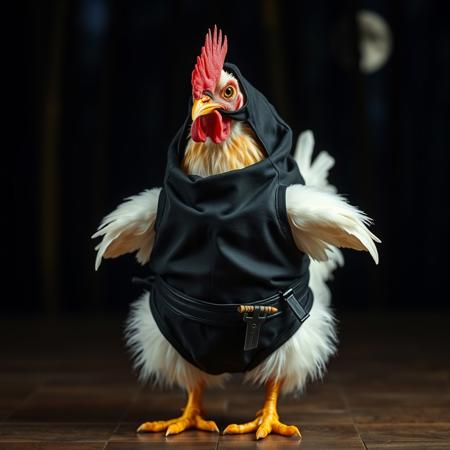 a regular-sized chicken, standing about 1.5 to 2 feet tall, with typical white or brown feathers. The chicken is dressed in a sleek, form-fitting ninja outfit made of dark, matte black fabric. The outfit covers most of its body, leaving only its beak, eyes, and the lower part of its legs visible. The ninja suit is tailored to fit the chicken's unique shape, with openings for its wings, which are slightly extended as if it's ready for action.
The chicken's eyes are sharp and focused, giving it a surprisingly intense and determined expression. A small, matching black mask covers the area around its eyes, leaving its sharp beak uncovered. The outfit also includes a tiny utility belt around its midsection, complete with miniature ninja tools like shurikens and a tiny katana strapped to its back, adding to its stealthy, warrior-like appearance.
The background could be a dimly lit dojo or an outdoor setting like a moonlit bamboo forest, enhancing the ninja theme and giving the impression that this chicken is on a secret mission.