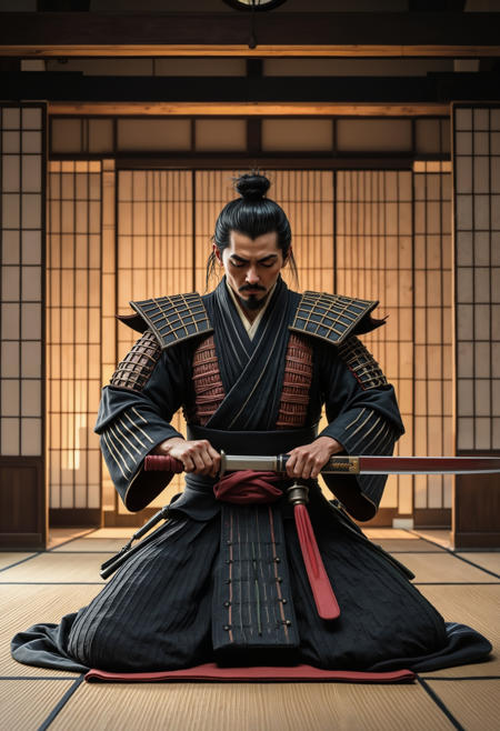 muromachi86,topknot hairstyle, kimono, medieval japan,traditional architecture, stunning details, UHD, 8K, masterpiece, best quality, japanese style, asian art, a samurai holds his katana with both hands at chest level, arms raised holding the katana, the katana is in its sheath,ceremonial,samurai kneeling, high contrast cinematic lighting, soft volumetric lighting with subtle backlit edges, centered framing, tatami mat background, shallow depth of field, hyper detailed line art, ultra high resolution, fantastic dynamic composition, action pose, full focus from below,