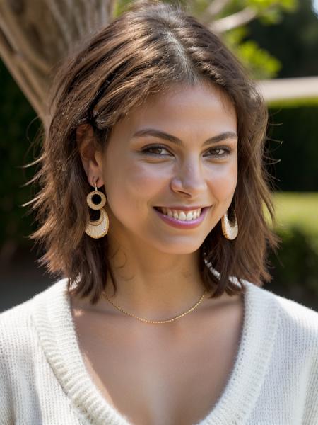 Realistic photo of a beautiful m0r3n4b woman,1girl,solo,looking at viewer,smile,short hair,black hair,white sweater,brown eyes,jewelry,upper body,earrings,teeth,grin,lips,realistic,soft lighting, professional Photography, Photorealistic, detailed, RAW, analog, sharp focus, 8k, HD, high quality, masterpiece<lora:m0r3n4b:1.0>