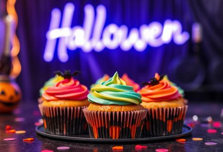halloween colorful cupcakes in on the decorated table, 90mm lens close-up shot, neon lights on the background