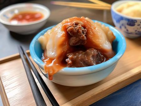 A bowl of translucent Bahuana, a traditional Asian dish, cut open to reveal a rich meat filling, generously topped with thick tomato sauce and viscous gravy. The Bahuana is soft and chewy, with the sauces adding a vibrant color contrast and enhancing the visual appeal. The Bahuana itself is crystal clear, allowing the viewer to peek into its inner filling. The bowl is placed on a rustic wooden table, with chopsticks resting on the side. The scene should be as realistic as a high-resolution photograph, with warm and inviting lighting that highlights the appetizing qualities of the dish and the cozy atmosphere of the setting  ,<lora:bahuana:0.75>,bahuana,