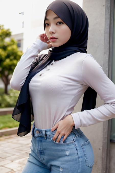 beautiful girl babe in hijab,shirt, long sleeves, wet clothes, RAW photo, (photorealistic:1.37, realistic), highly detailed CG unified 8K wallpapers, 8k uhd, dslr, soft lighting, high quality, film grain, Fujifilm XT3, (full body:0.9) (professional lighting:1.6)  <lora:oklinfa:1>