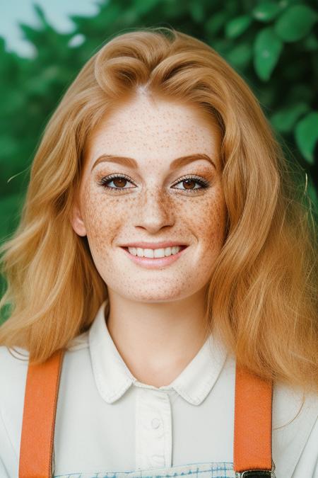 photography of an (closeup portrait) woman, realistic <lora:FayeReagan3:1>  wearing overalls white shirt on farm, vibrant colors [freckles]