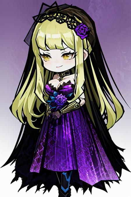 <lora:LibraryofRuina-fight:1>, roboco-san, 1girl, virtual youtuber, solo, mechanical legs, mechanical arms, brown hair, yellow eyes, multicolored hair, breasts, flower, gradient hair, dress, purple flower, long hair, full body, looking at viewer, purple rose, android, white background, veil, black dress, medium breasts, rose, blue flower, hair flower, bangs, official alternate costume, smile, simple background