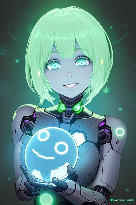 glowing android eyes, a beautiful cute 25yo woman, with a loving smile who is actually an AI, artificial intelligence,