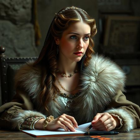 Eleanor of Aquitaine in prison. Regal robes, ermine, silk undergarments. Most beautiful woman in Europe, MILF. Contemplating revenge on her husband and king. at table, writing. Closeup on face and hand. Henry imprisoned Eleanor of Aquitaine for supporting the 1173 revolt.