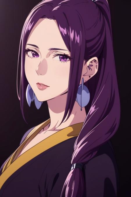 Purple long hair, bare forehead, purple eyes, earrings,mature women