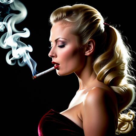 A close up portrait of an extraordinarily beautiful blonde woman with very long curly hair, pulled back into a strict ponytail, with her hair blowing in the wind. She has big a voluptuous breasts.  She is blowing out smoke and holding a long cigarette hilder in a gloved hand. The background is dark red velvet curtain.
