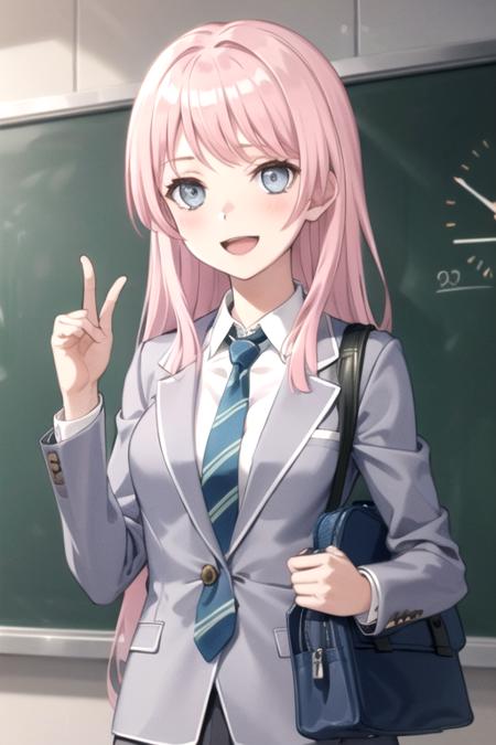 <lora:ChihayaAnon-07:0.7> , anonmygo, 1girl, solo, long hair, smile, open mouth, blue eyes, shirt, long sleeves, school uniform, jacket, white shirt, upper body, pink hair, :d, necktie, striped, collared shirt, indoors, bag, blazer, school bag, grey jacket, clock, classroom, striped necktie, chalkboard, wall clock