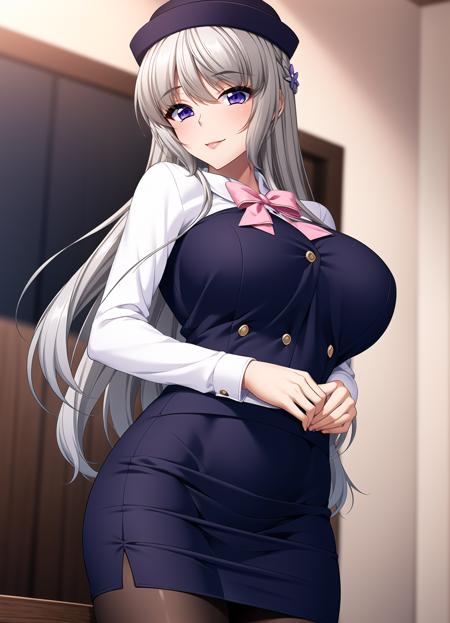 <lora:Ootori_Fumika_lora:0.6>, purple_eyes, long_hair, silver_hair,
(masterpiece:1.2), best quality, game cg,highly_detailed,extremely_detailed_CG_unity_8k_wallpaper,illustration,highres,absurdres,pov, window shade, light particles,
(1girl), (portrait), (mature female),milf, 
suit, (pencil skirt:1.2), black pantyhose, pink_bow, hat, 
standing, looking at viewer, (smile:0.8),