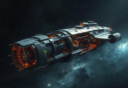 hyperrealistic, spaceship, A huge starship with a cut-away view showing cockpit, pistons and led's and circuit boards and motors, galactic nebula background