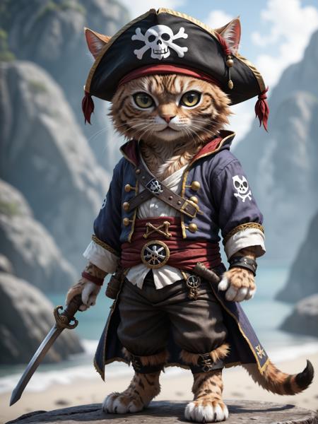 a cute anime cat that wearing a pirate outfit like in the one piece manga, detailed, realistic, 8k uhd, high quality