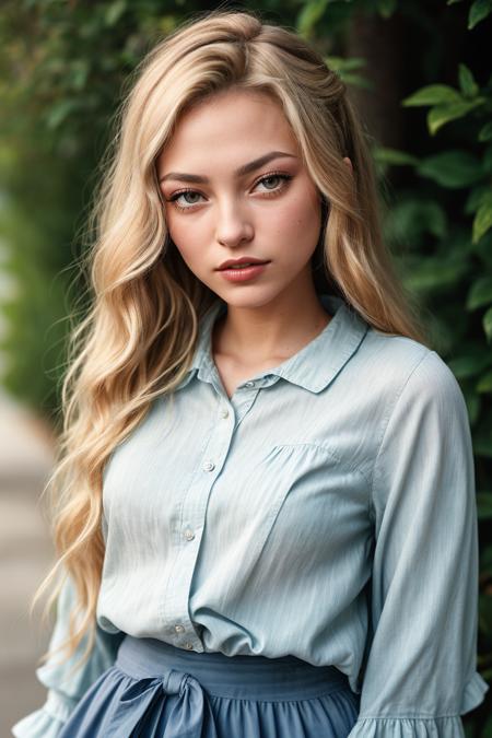 photo of (EPJOBr0wn:0.99), closeup portrait, perfect hair, (modern photo, blond Frilled button-up shirt tucked into a flowy chiffon long skirt with wedges), 24mm, (analog, cinematic, film grain:1.3), ((plain texture, gradient:1.1)), ((detailed eyes)), (seductive pose), (epicPhoto), long eyelashes, (perfect waist), (painted lips)