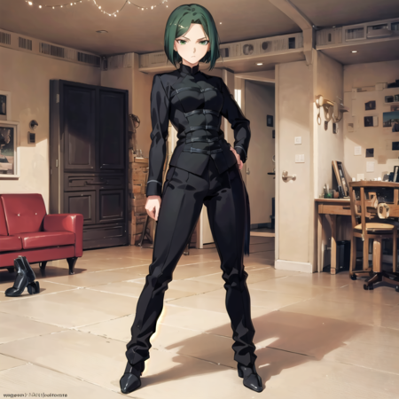 hisaumaiya an animation art that depicts a girl with black clothes and an unusual expression, 1girl, solo, green hair, short hair, full body, room background, indoors,