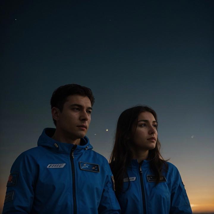 man and woman, wearing space suit, looking out at galaxy, atmospheric lighting, 4k, realistic