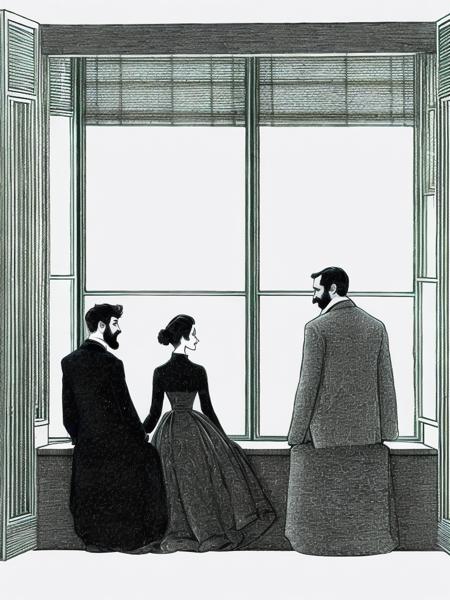 <lora:EdwardGorey:1>a black and white drawing of a man and a woman sitting in front of a window by Edward Gorey