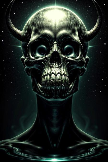 A close-up photorealistic image of a crystal-like floating skull facing dynamic view with its mouth open, pouring from it's mouth a shimmering liquid resembling the universe onto the ground, filled with rich stars and swirling galaxies. A simple void background enhances the dark atmosphere, shrouded in fog, capturing the hypnotic flow and shimmer of the cosmic liquid, evil demon, horns,