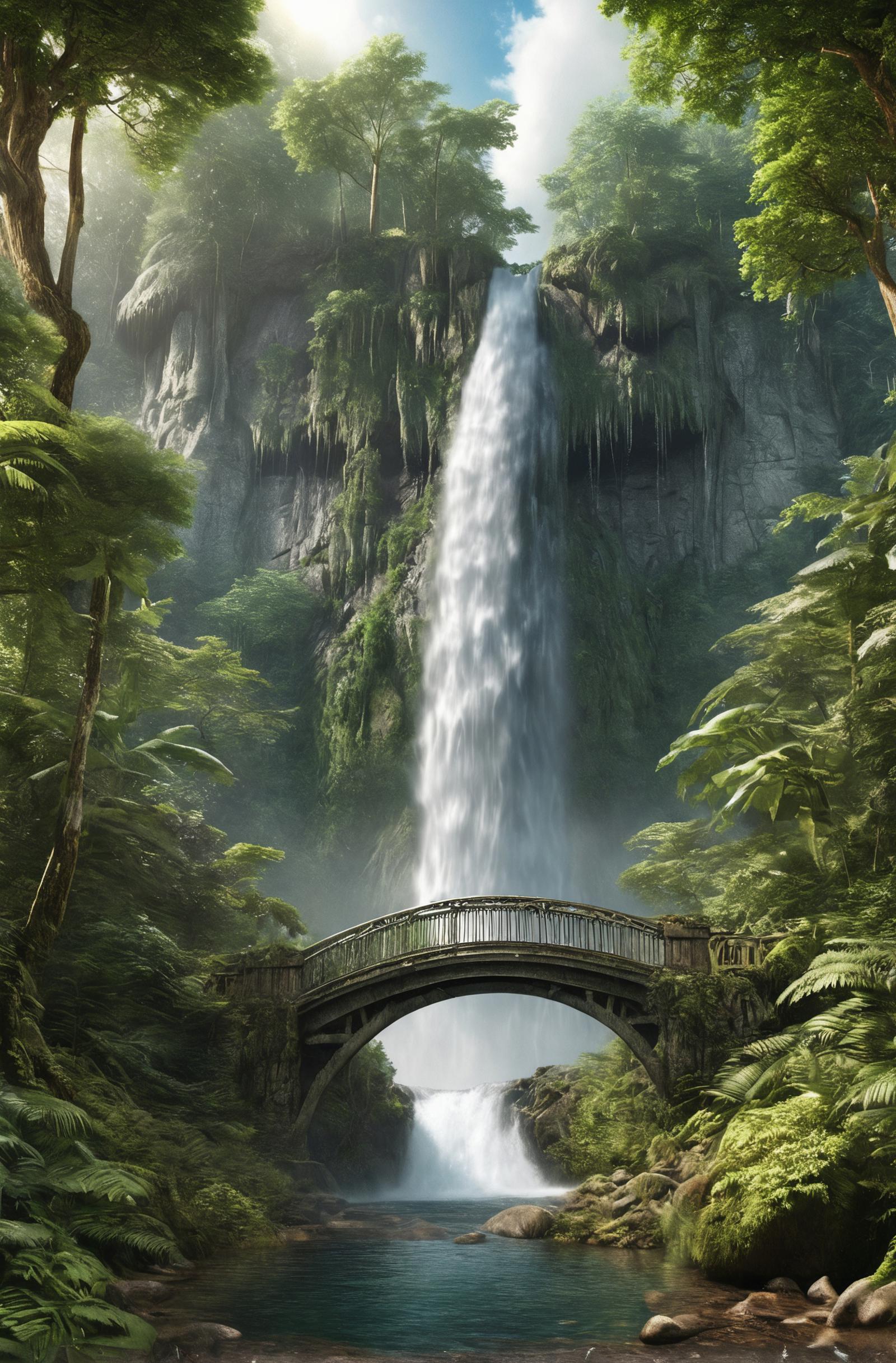A bridge over a waterfall in a dense forest.