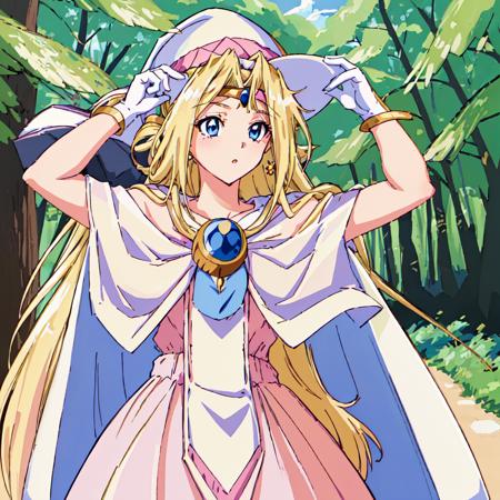 Filia_Ul_Copt, 1girl,solo, long hair, blonde hair, pink dress, jewelry, white cape,blue eyes, brooch,gold circlet