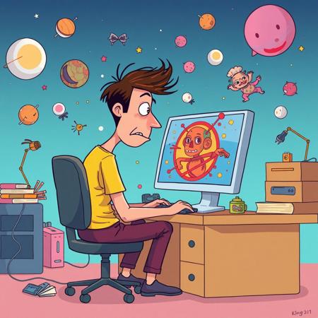 A frustrated artist sitting at a computer, looking at a bizarre AI-generated image on the screen, surrounded by floating, abstract shapes and surreal characters, hinting at the unpredictable quality of Kling, colorful and humorous, cartoonish style.