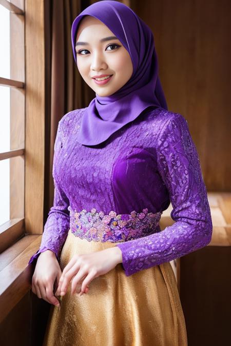 ((Extreme Wide Shot, , Deep Focus, Eye Level Shot)), ((looking at camera)), detailed face, 1girl, solo,fashi-girl, mature girl, cute, sweet, wearing kebaya hjb, hijab,purple kebaya with brown straight skirt with floral pattern, <lora:kebayaHjbV1.1:0.8> <lora:henLoraV5:1>, Realism, , Rim Lights, Rim Lighting, Rim Light, Natural Lighting, Sunlight, ((high quality:1.2, masterpiece:1.2)), absurdres, high resolution, (8k resolution), 8k, 8kres, 8k res, high details, detailed and intricate, intricate details, high intricate details, absurd amount of details