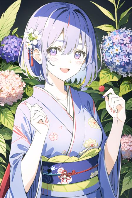 multicolored, mash_kyrielight, japanese_clothes, kimono, 1girl, flower, hair_ornament, open_mouth, floral_print, smile, solo, morning_glory, short_hair, yellow_kimono, hair_flower, hydrangea, bamboo, print_kimono, purple_eyes, sash, looking_at_viewer, purple_flower, orange_kimono, obi, one_eye_closed, eyebrows_visible_through_hair, upper_body, blush, wide_sleeves, fruit, eggplant, holding, bangs, pink_hair, eyes_visible_through_hair, long_sleeves, hair_over_one_eye, multicolored_kimono, hair_between_eyes, breasts, food, blue_flower <lora:style_AnimeOriginal:1>