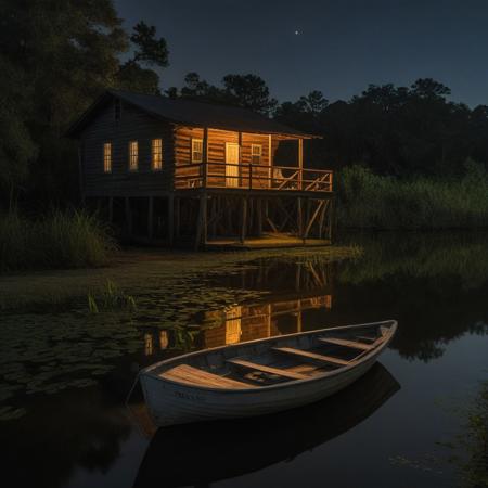 At night, a small row boat lied moored at a dock next to a brightly lit but old cabin that rests on the riverbank in the middle of the bayou