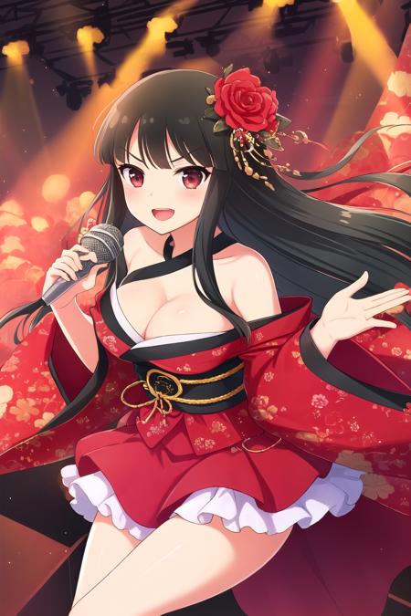 masterpiece, best quality, highly detailed background, perfect lightingbest quality, <lora:Tsubaki_Senran-Kagura:0.9>, 1girl, solo, stage, stage lights, black hair, hair flower, hime cut, blunt bangs, very long hair, v-shaped eyebrows, red eyes, red dress, black dress, frilled dress, cleavage, japanese clothes, cross-laced footwear, black footwear, holding, microphone, smile, open mouth, parted lips.