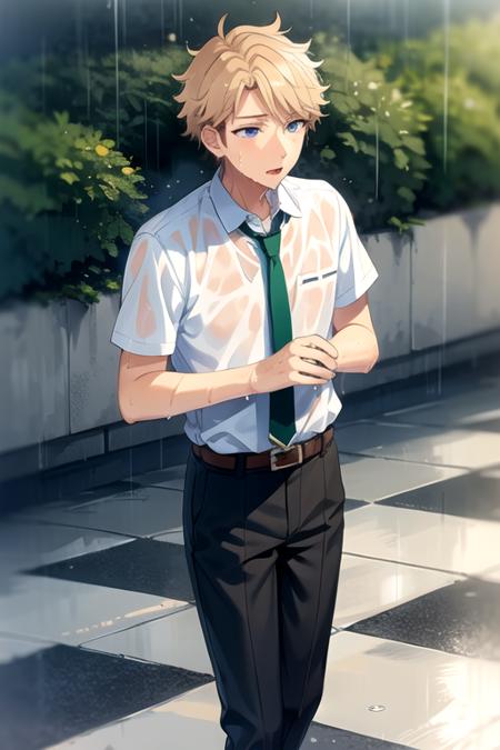 <lora:ArashiNarukami-03:0.7> ,arashi, solo, short hair, blonde hair, shirt, 1boy, school uniform, purple eyes, white shirt, short sleeves, male focus, outdoors, necktie, collared shirt, belt, pants, wet, wet clothes, rain, wet shirt, wet hair, checkered floor, green necktie