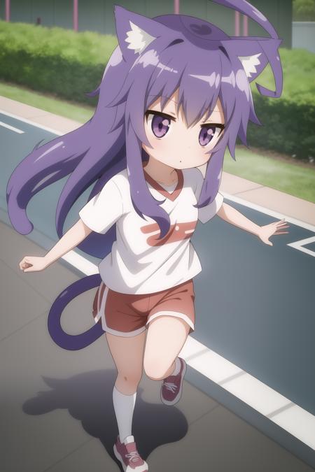 1girl, tsumiki_miniwa, purple hair, full body, little girl, long hair, ahoge, sport clothes, white t-shirt, red shorts, school stadium, kemonomimi, round animal ears, cat tail