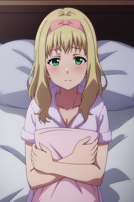 ichijounatsu, closed mouth, lying, upper body, anime coloring, pajamas, medium breasts, pillow hug, pillow, object hug