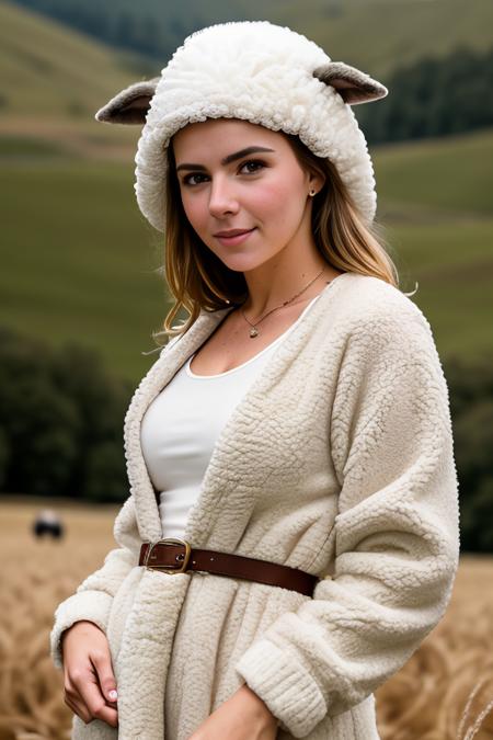 RAW photo,  ScotMurm <lora:ScotMurm:0.9> , a (portrait:1.2) of full body a cute woman as a sheep farmer, (high detailed skin:1.2), 8k uhd, dslr, soft lighting, high quality, film grain, Fujifilm XT3