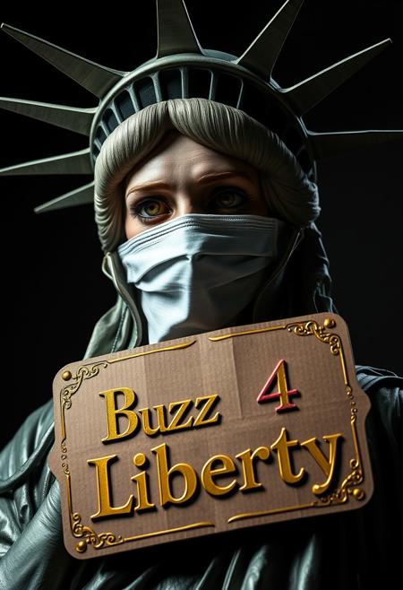 A highly detailed and dramatic portrait of the Statue of Liberty, focusing on her face in a macro close-up. The Statue of Liberty is unwrapping a large, non-surgical face mask, revealing the intricate and realistic facial muscle structure beneath. The mask is partially peeled away, exposing tendons, muscles, and sinews in high detail. Around her neck, a luxurious and ornate cardboard sign hangs with the text “Buzz 4 Liberty” elegantly embossed in gold lettering. The cardboard is richly decorated with intricate patterns and gilded edges, giving it an unexpectedly opulent appearance. The scene is lit with dramatic studio lighting, casting deep shadows and emphasizing the contrast between the statue’s iconic metal surface and the raw, exposed anatomy. The overall atmosphere is dark and unsettling, with a creepy, almost dystopian vibe that contrasts sharply with the rich, decorative sign.