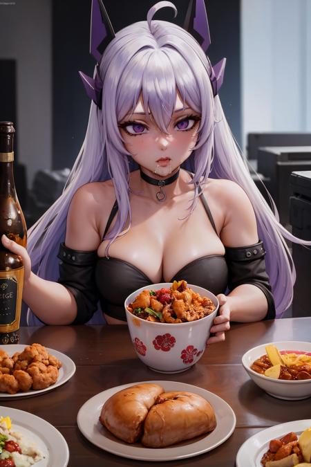 Highly detailed, High Quality, Masterpiece, beautiful, 1girl, Meine, purple eyes, headgear, <lora:Meina:0.6>, choker, Mukbang, <lora:Pos_Mukbang:0.6>