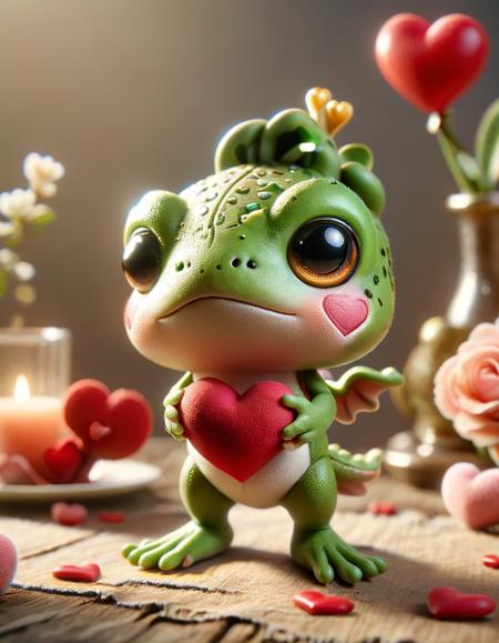 there is a frog holding a heart shaped object in his hand, blog-photo, background image, resine figure, online, olive, medium, rack, close up photo, cartoons, stunning image, colorful picture, image, skinny, hd - photo, phone photo, jets, reggae, close - up photo, bartlett style,, best quality, film grain, Fujifilm XT3, made of ral-smlvltnpls <lora:ral-smlvltnpls:1>