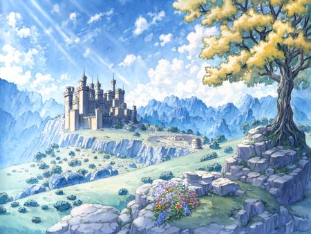 grand landscape, castle on the hill, boulders, stone, grass, adventure, flowers, fantasy|science fiction, sunbeam, blue_skies, golden  hour, sublime, idyllic, extremely detailed, absurdres, masterpiece, watercolor