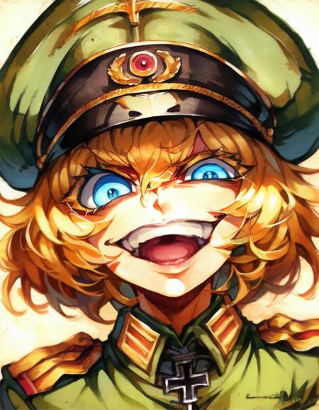 tanyatheevil, military uniform, blonde hair blue eyes yellow eyes hat evil smile