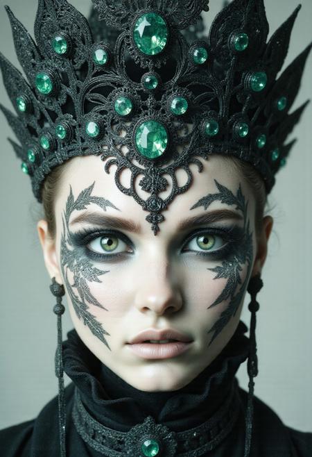 A highly stylized, hyper-realistic portrait of a pale-skinned chrome texture woman with an emotionless, stoic expression as she gazes intensely into the viewer’s eyes. Atop her head rests a symmetrical crown of sleek black metal, adorned with vibrant green diamonds arranged in a flawless, geometric pattern. The crown gleams under soft, focused light, casting vivid reflections that accentuate the sharp, sculpted angles of her face.
Around her neck lies a matching black jewel necklace, encrusted with emerald-green diamonds that shimmer boldly against her porcelain skin, their vivid color creating a stunning visual contrast. A delicate face ornament, known as the 'emerald cascade,' drapes across her face in fine black chains, each adorned with tiny, radiant green diamonds.
The chains trace symmetrical lines over her forehead and cheeks, enhancing the contours of her face while adding an aura of regal mystery. The interplay of soft lighting and high-contrast shadows creates a surreal glow around her, highlighting the opulence of the jewels and the unwavering intensity of her gaze.