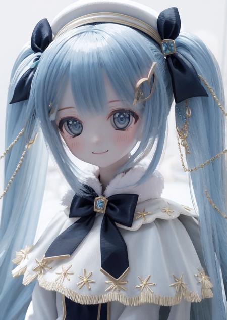 mksks style, masterpiece, best quality, sidelighting,  <lora:yuki_miku_2021-10:1>, 
1girl, solo, yuki miku (2021), 1girl, blue gloves, book, white headwear, blue hair, twintails, musical note hair ornament, gloves, beret, hat, smile, bow, solo, blue eyes, long hair, musical note, capelet, white capelet, braid, light blue hair, snowflake print, blue bow, hair ornament, braided bangs, looking at viewer, hair bow, upper body, white dress, fur trim, fur-trimmed capelet, treble clef, white background, gold trim, dress, very long hair, bowtie, christmas lights, tabard, v